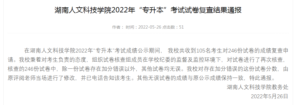 2022年湖南人文科技学院专升本考试试卷复查结果通报
